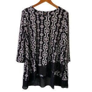 JM Collection Geo Print 3/4 Sleeve Scoop Neck Tunic Top Asymmetrical Sheer Hem